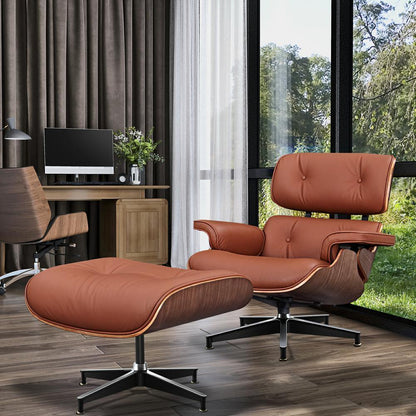 Living Room Standard Size Lounge Chair Armchair With Ottoman Genuine Leather Swivel Chair