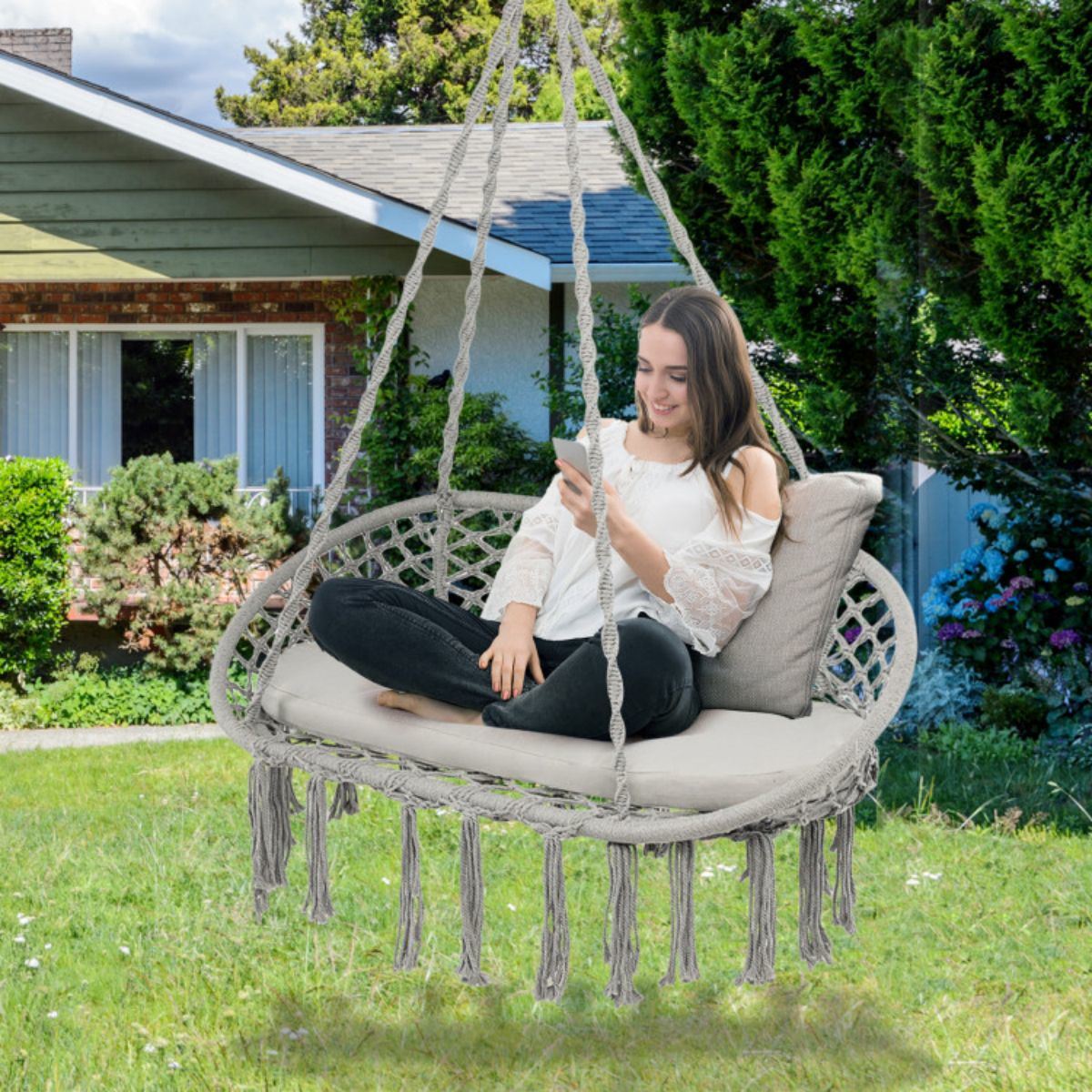 2 Person Hanging Hammock Chair with Cushion Macrame Swing