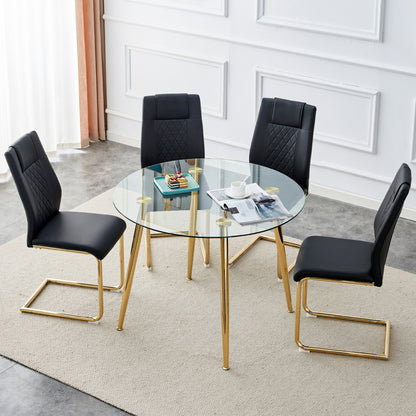 Table and chair set. Round dining table, glass tabletop with a diameter of 40 inches, and gold-plated metal legs, paired with 4 black PU cushions and a dining chair with gold-plated metal feet.