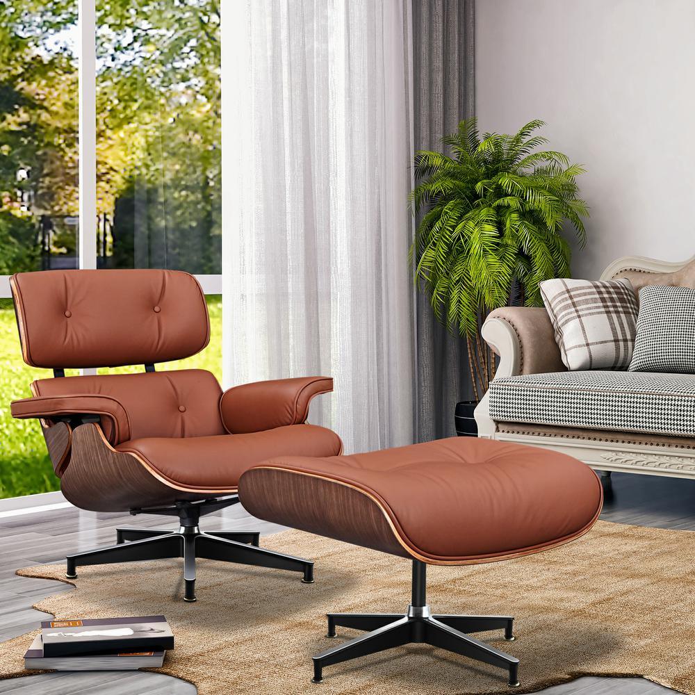 Living Room Standard Size Lounge Chair Armchair With Ottoman Genuine Leather Swivel Chair