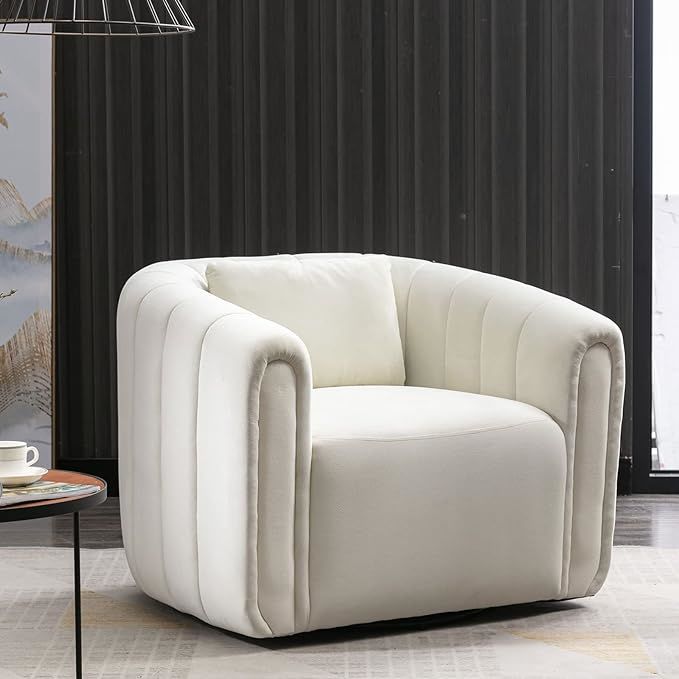 ANJ Swivel Barrel Chair with Plump Pillow, Modern Channel Dutch Velvet Accent Chair, Comfy Round Armchair, Swivel Accent Chairs