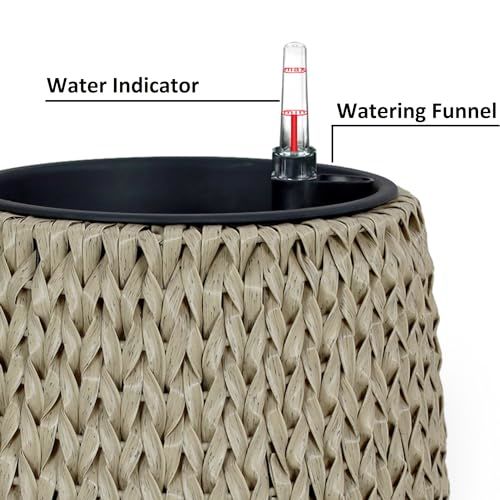 14.6" Self-watering Wicker Planter - Garden Decoration Pot - Beige - Round