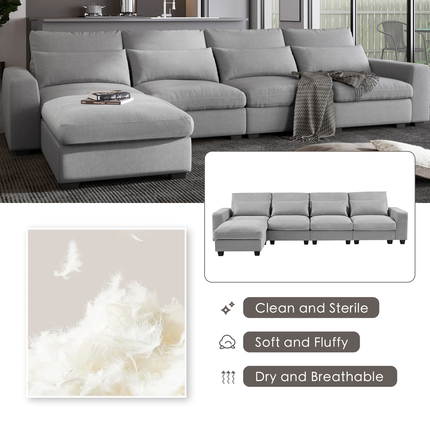 U_Style Modern Large L-Shape Feather Filled Sectional Sofa