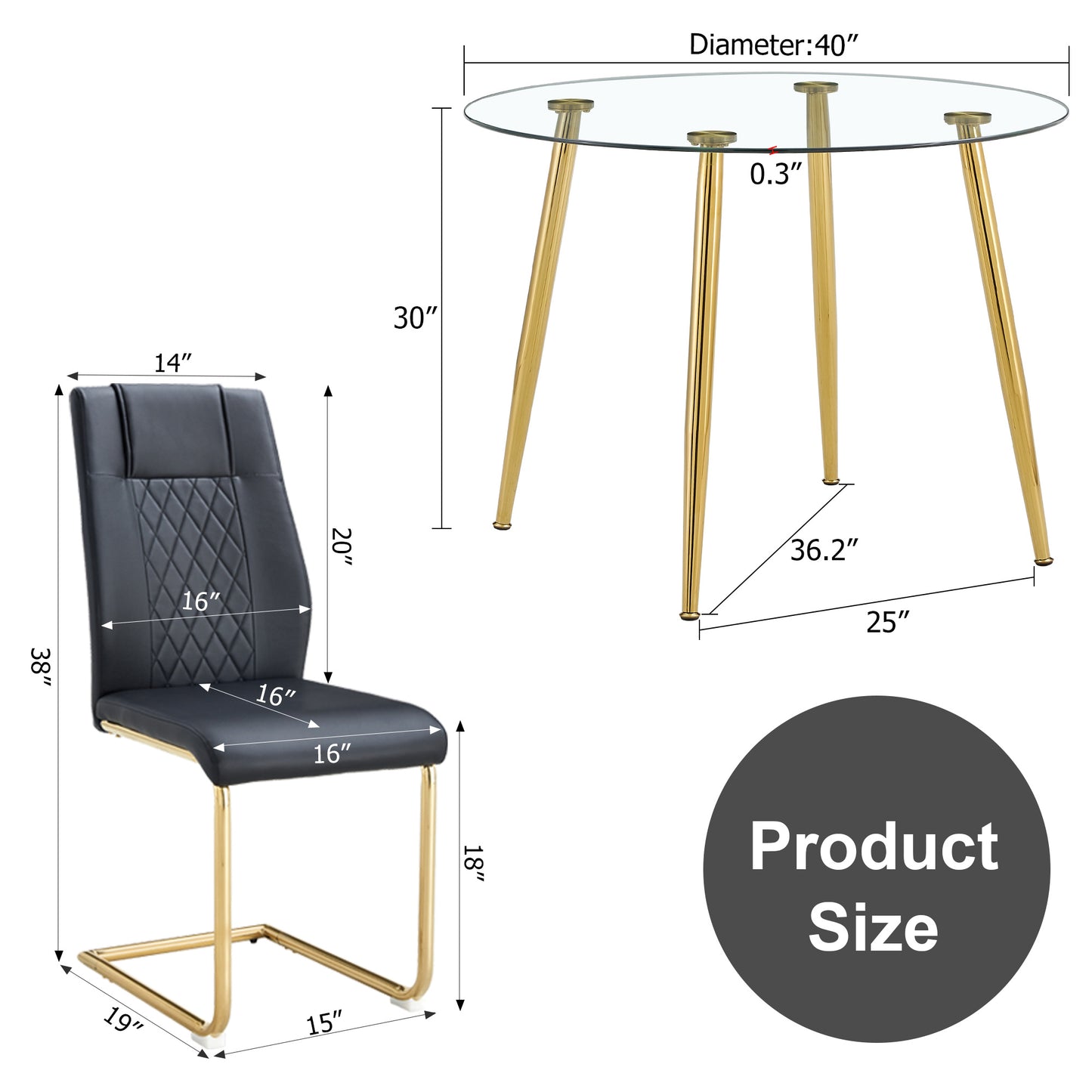 Table and chair set. Round dining table, glass tabletop with a diameter of 40 inches, and gold-plated metal legs, paired with 4 black PU cushions and a dining chair with gold-plated metal feet.