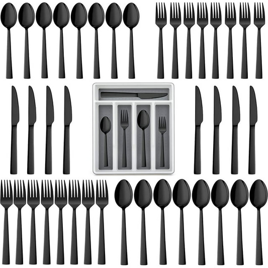 Walchoice 40-Piece Black Silverware Set with Drawer Organizer, Stainless Steel Flatware Cutlery Set for Home Restaurant, Elegant Eating Utensils Tableware Plus Plastic Tray