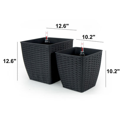 2-Pack Self-watering Planter - Hand Woven Wicker - Thin Square - Espresso