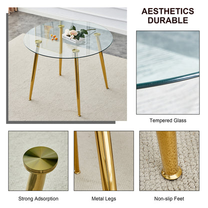 Table and chair set. Round dining table, glass tabletop with a diameter of 40 inches, and gold-plated metal legs, paired with 4 black PU cushions and a dining chair with gold-plated metal feet.