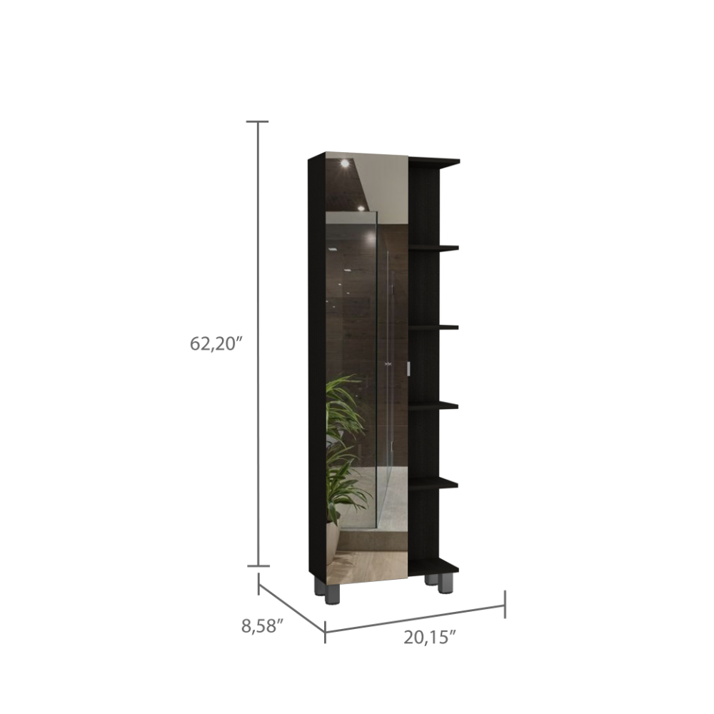 Urano Mirror Linen Cabinet; Four Interior Shelves; Five External Shelves -Black