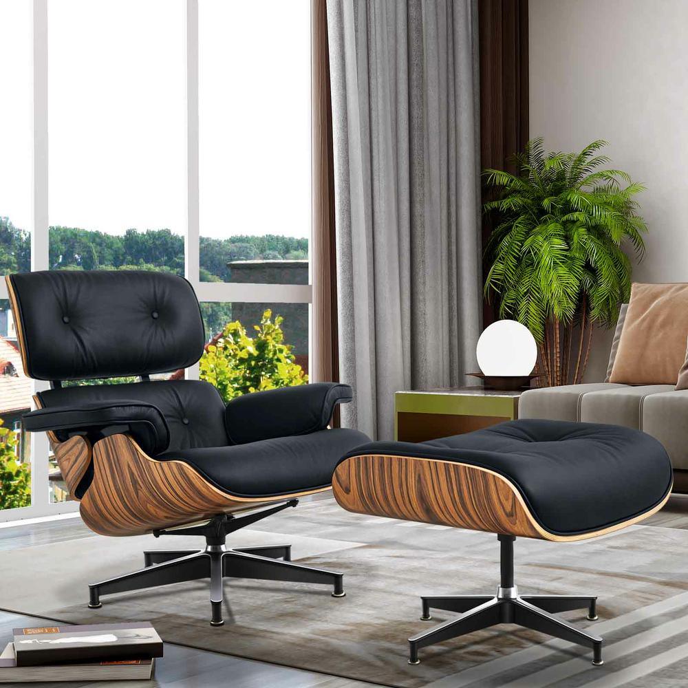 Living Room Standard Size Lounge Chair Armchair With Ottoman Genuine Leather Swivel Chair