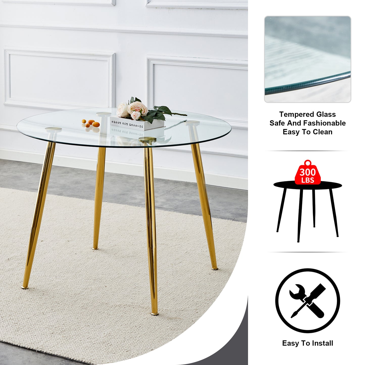 Table and chair set. Round dining table, glass tabletop with a diameter of 40 inches, and gold-plated metal legs, paired with 4 black PU cushions and a dining chair with gold-plated metal feet.