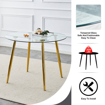 Table and chair set. Round dining table, glass tabletop with a diameter of 40 inches, and gold-plated metal legs, paired with 4 black PU cushions and a dining chair with gold-plated metal feet.