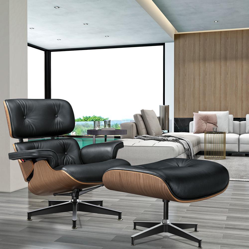 Living Room Standard Size Lounge Chair Armchair With Ottoman Genuine Leather Swivel Chair