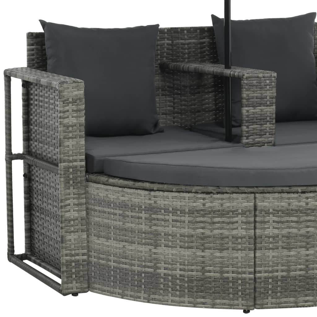 2 Seater Patio Sofa with Cushions and Parasol Gray Poly Rattan