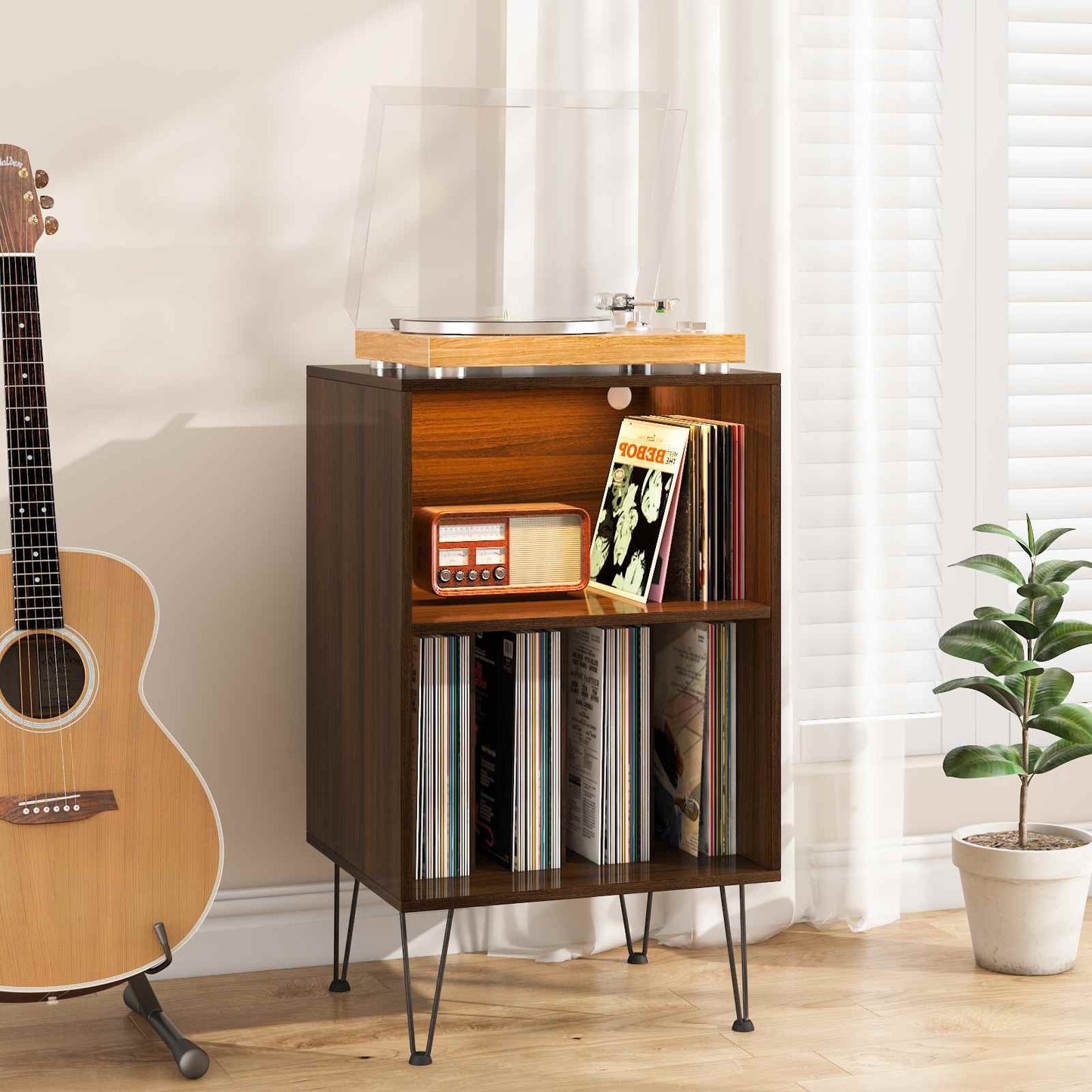 CD Rack Record Player Stand with LED Lights Record Storage Stand LED with Metal Hairpin Legs Record Table Player for Living Room