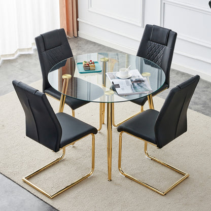 Table and chair set. Round dining table, glass tabletop with a diameter of 40 inches, and gold-plated metal legs, paired with 4 black PU cushions and a dining chair with gold-plated metal feet.