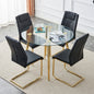 Table and chair set. Round dining table, glass tabletop with a diameter of 40 inches, and gold-plated metal legs, paired with 4 black PU cushions and a dining chair with gold-plated metal feet.