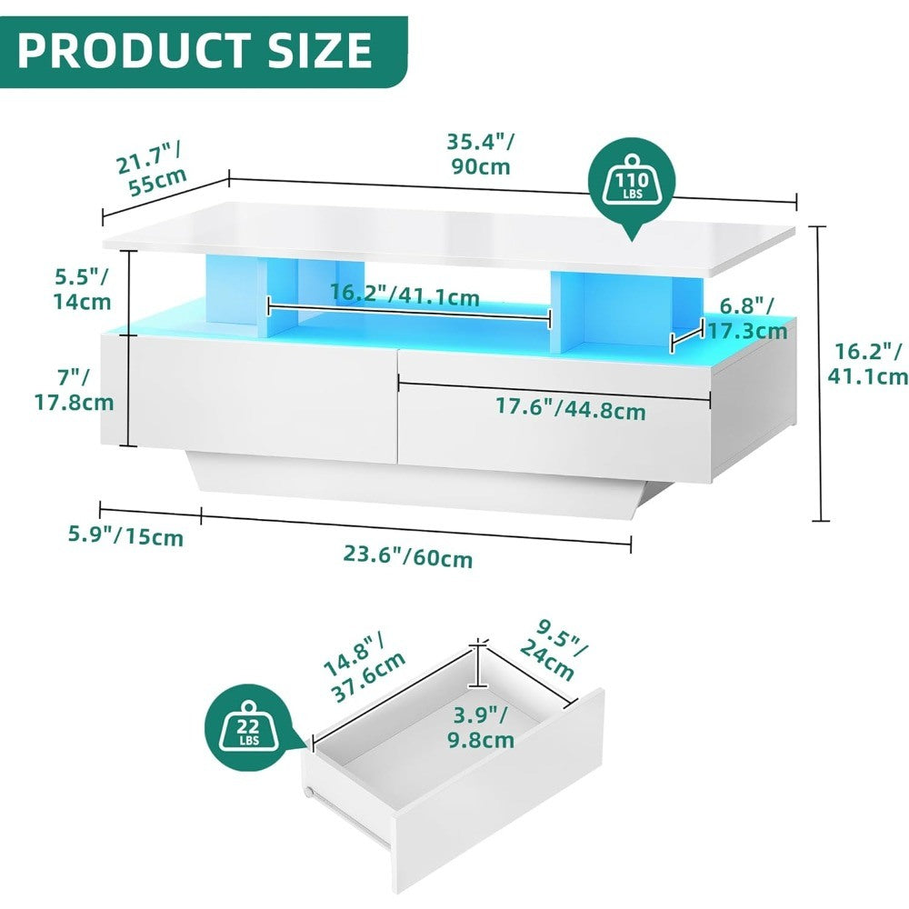 LED Coffee Table with Storage, Coffee Tables for Living Room, Small Center Table with Open Display Shelf & Sliding Drawers White