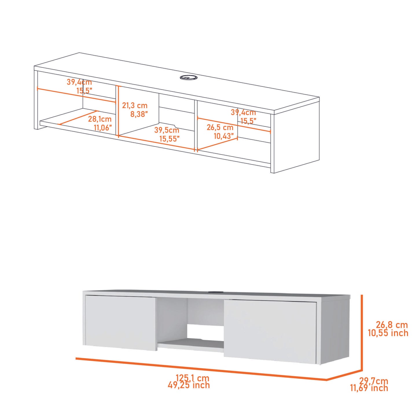 Tabor Floating TV Stand, Wall Unit with 2 Doors and Open Shelf