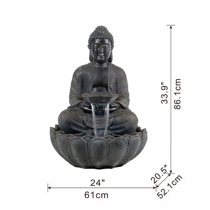 Dark Gray Buddha Statue Water Fountain, Indoor Outdoor Polyresin Fountain with Light