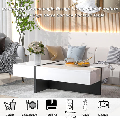 Contemporary Rectangle Design Living Room Furniture, Modern High Gloss Surface Cocktail Table, Center Table for Sofa or Upholstered Chairs, 45.2*25.5*13.7in