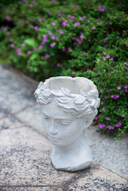 Greek Style Cement Head Planter - Indoor Outdoor Home Garden Decor