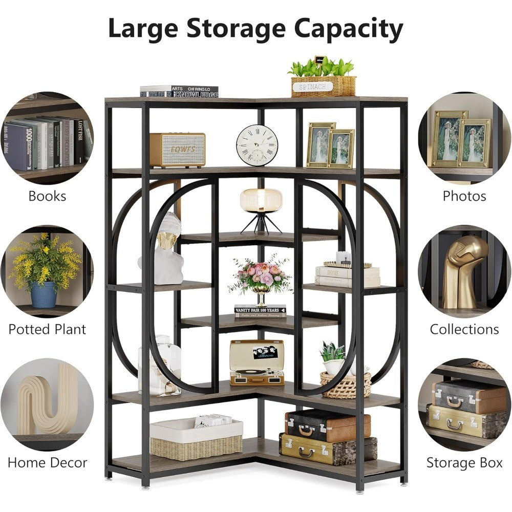 Corner Bookshelf of 7-Shelf, Tall L-shaped Stand Display Rack with Storage, Metal Frame, Easy Assembly, Book Shelves