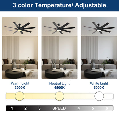 72 inch Large Ceiling Fans with Lights and Remote, Indoor/Outdoor Black Modern Ceiling Fan for Kitchen Living Room Patio, 6 Speed Reversible Quiet DC Motor, Dual Finish 8 Blades