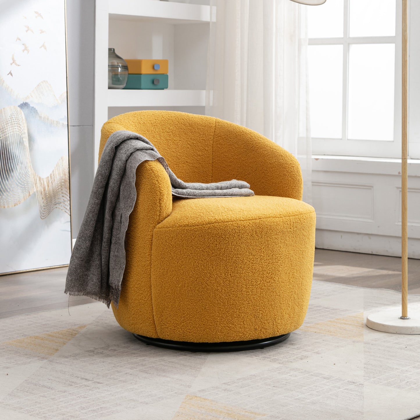 fabric swivel accent armchair barrel chair with black powder coating metal ring