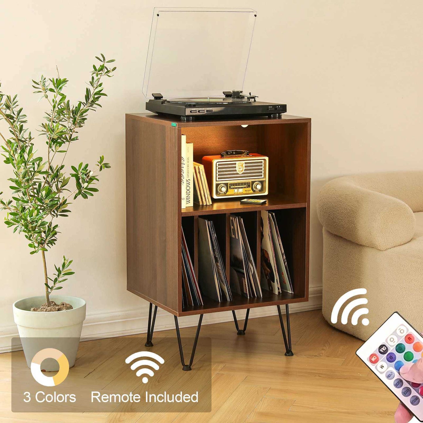 CD Rack Record Player Stand with LED Lights Record Storage Stand LED with Metal Hairpin Legs Record Table Player for Living Room