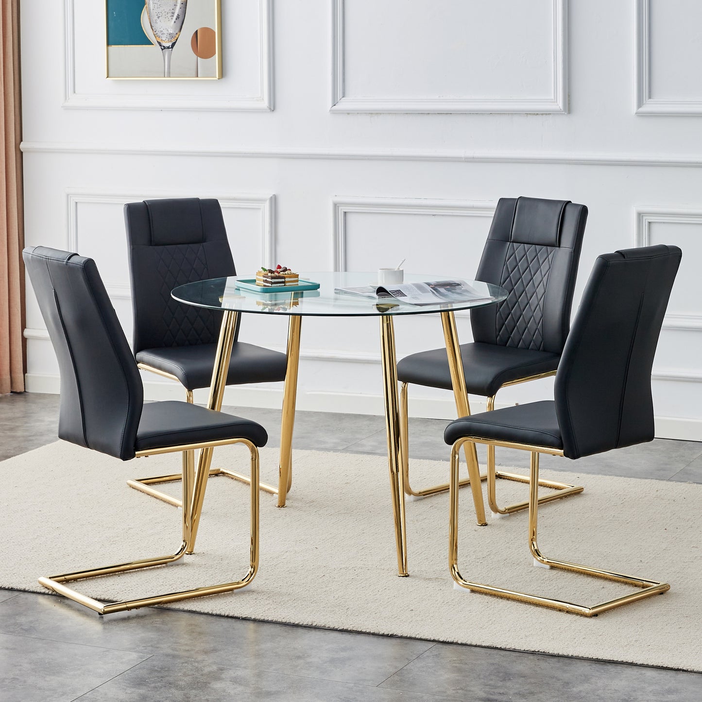 Table and chair set. Round dining table, glass tabletop with a diameter of 40 inches, and gold-plated metal legs, paired with 4 black PU cushions and a dining chair with gold-plated metal feet.