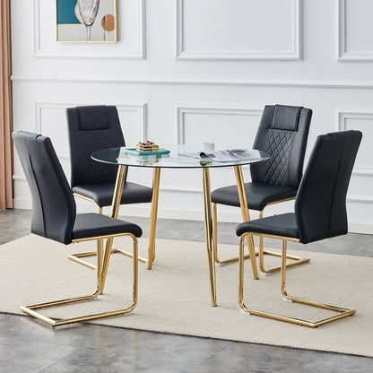 Table and chair set. Round dining table, glass tabletop with a diameter of 40 inches, and gold-plated metal legs, paired with 4 black PU cushions and a dining chair with gold-plated metal feet.