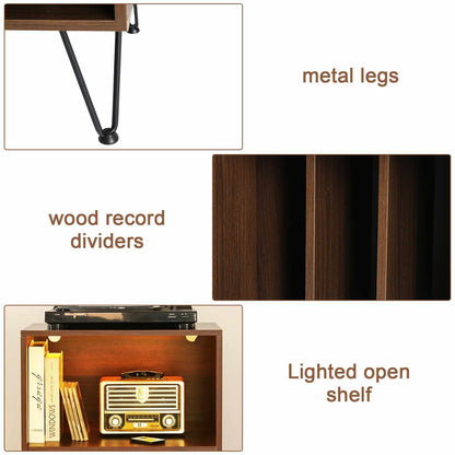 CD Rack Record Player Stand with LED Lights Record Storage Stand LED with Metal Hairpin Legs Record Table Player for Living Room