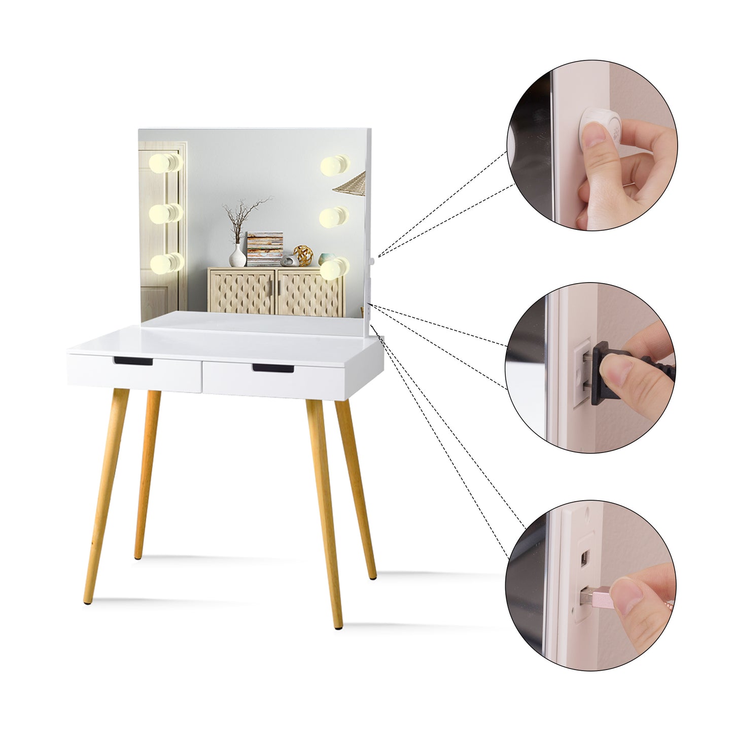 Adjustable LED lights with mirror, 2 usb plug dresser