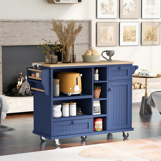 Kitchen Island Cart with Storage Cabinet and Two Locking Wheels,Solid wood desktop,Microwave cabinet,Floor Standing Buffet Server Sideboard for Kitchen Room,Dining Room,, Bathroom(Dark blue)